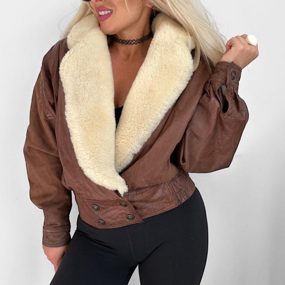 Vintage 70’s brown genuine leather shearling biker motorbike bomber jacket M